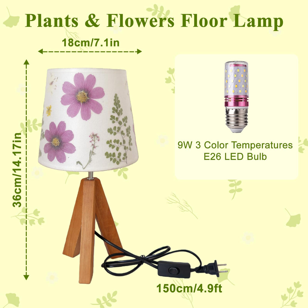 Dried Flowers Tripod Table Lamp 14.17in, 9W LED 3-Color Cute Bedside Lamp with Flowers Linen Lampshade for Nursery, Bedroom, Kid Room, Living Room, Light Brown Wooden Base