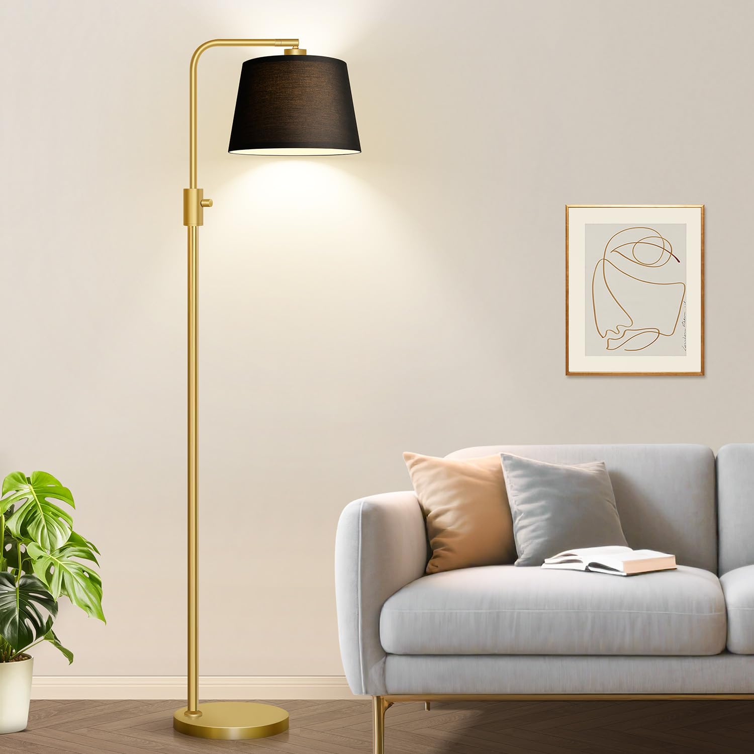 Gold Floor Lamp, 1000 LM LED Edison Bulb Included, Arc Floor Lamps for Living Room with Black Shade, Modern Standing Lamp Tall Lamps for Living Room Bedroom office
