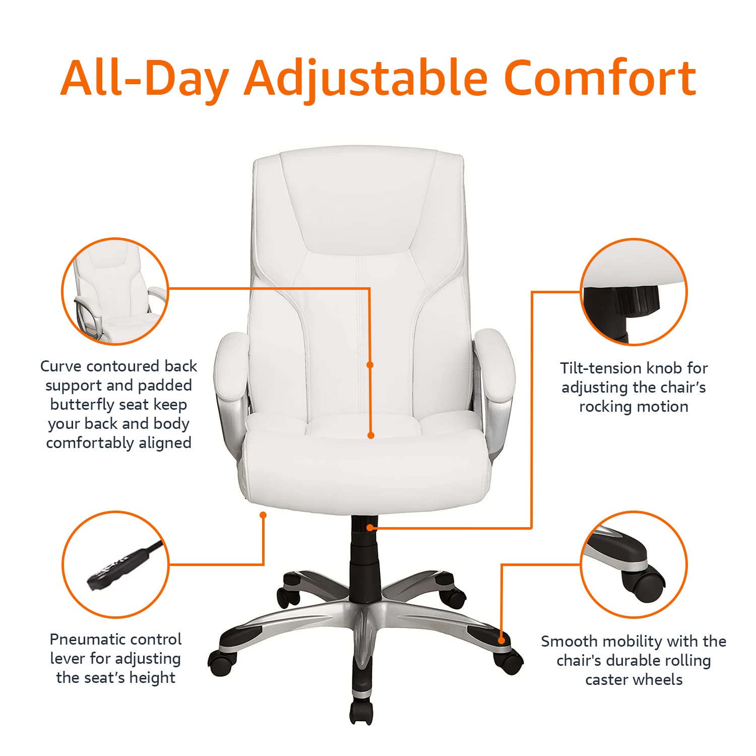 Executive High Back Office Desk Chair, Adjustable Height, Tilt, Swivel, 275lb Capacity, Bonded Leather, White/Pewter