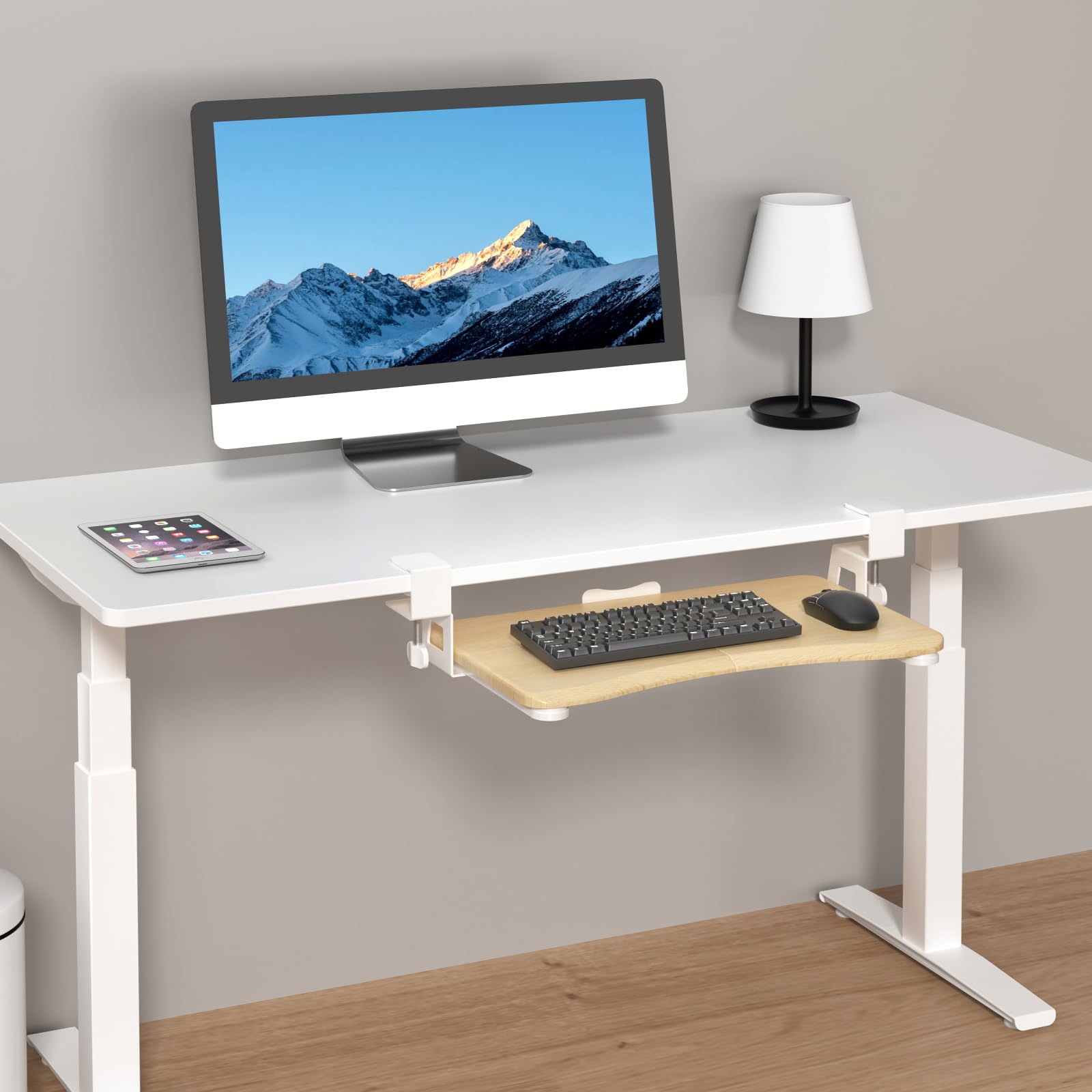 Small Keyboard Tray Under Desk Pull Out with C Clamp Mount for Computer Keyboard, 20 (24.2 Including Clamps) x 11.8 inch Slide-Out Platform Computer Drawer for Typing, Light Wood,