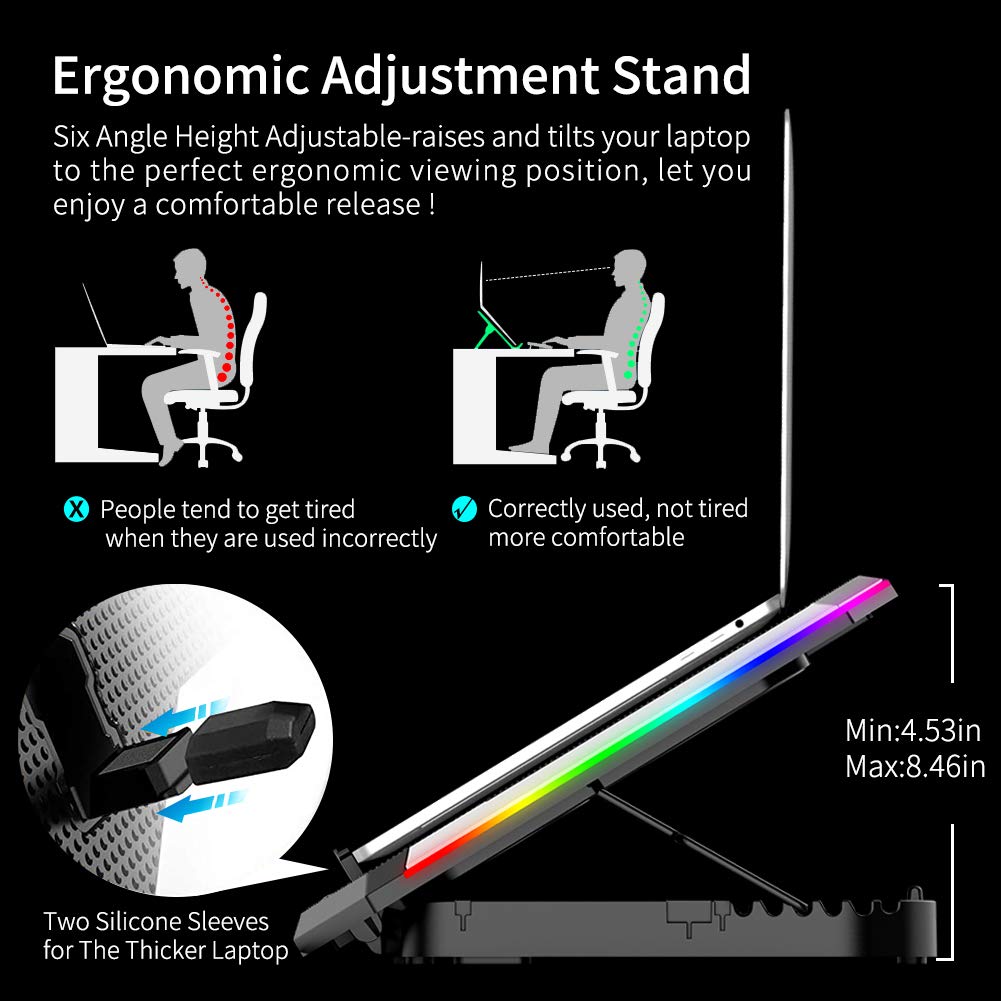 Laptop Cooling Pad 15-17.3 Inch, Laptop Fan with 6 RGB Cooling Fans, Laptop Cooling Stand with 6 Height Adjustable, Laptop Cooler with LCD Screen, 2 USB Ports, Phone Stand