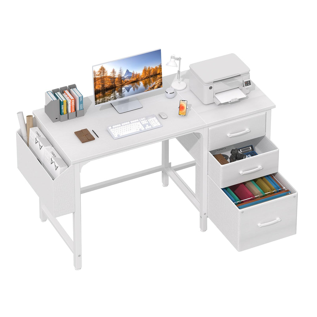 White Desk with File Drawers Cabinet, 47 Inch Reversible Computer Desk with Fabric Filing Cabinet for Bedroom Small Space Home Office, Modern Writing Table PC Desks, White