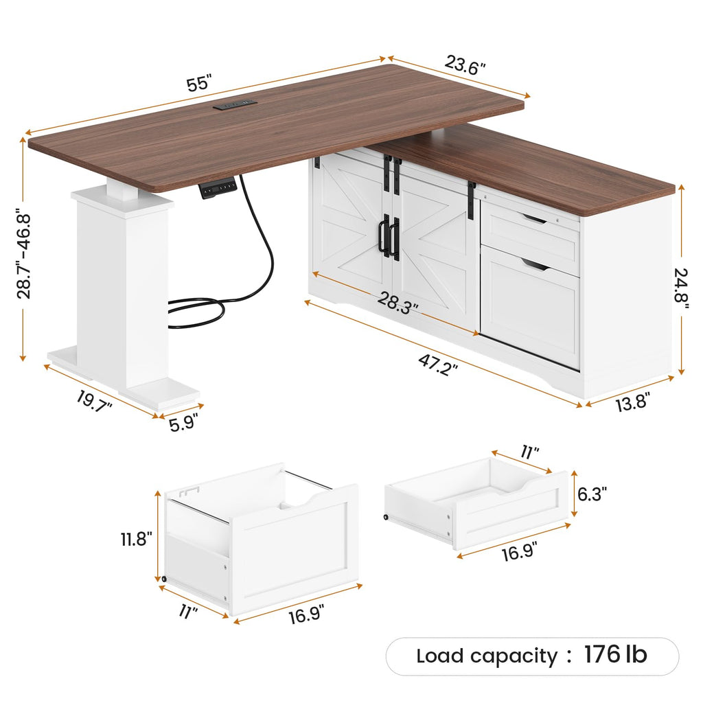 Farmhouse L Shaped Standing Desk, 55 inch Height Adjustable Corner Desk with Storage Drawers, Standing Computer Desks with Power Outlets for Home Office, White