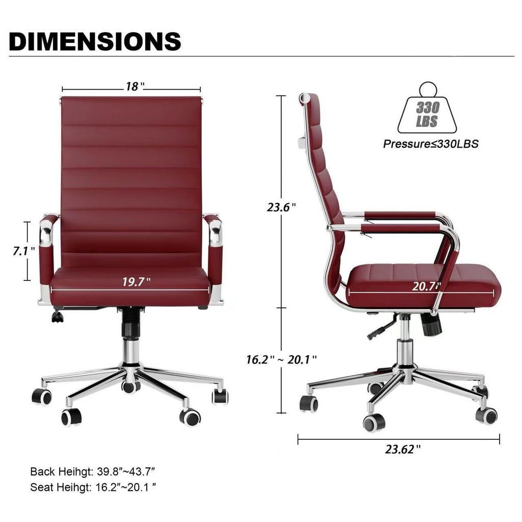 Red Office Desk Chair, Ergonomic Leather Modern Conference Room Chairs, Executive Ribbed Height Adjustable Swivel Rolling Chair for Home Office. (Red)