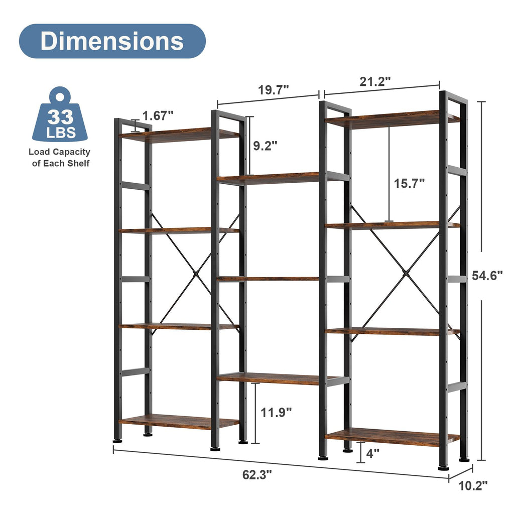 Triple Column 4 Tier Bookshelf, Wide Industrial Bookcase, Brown
