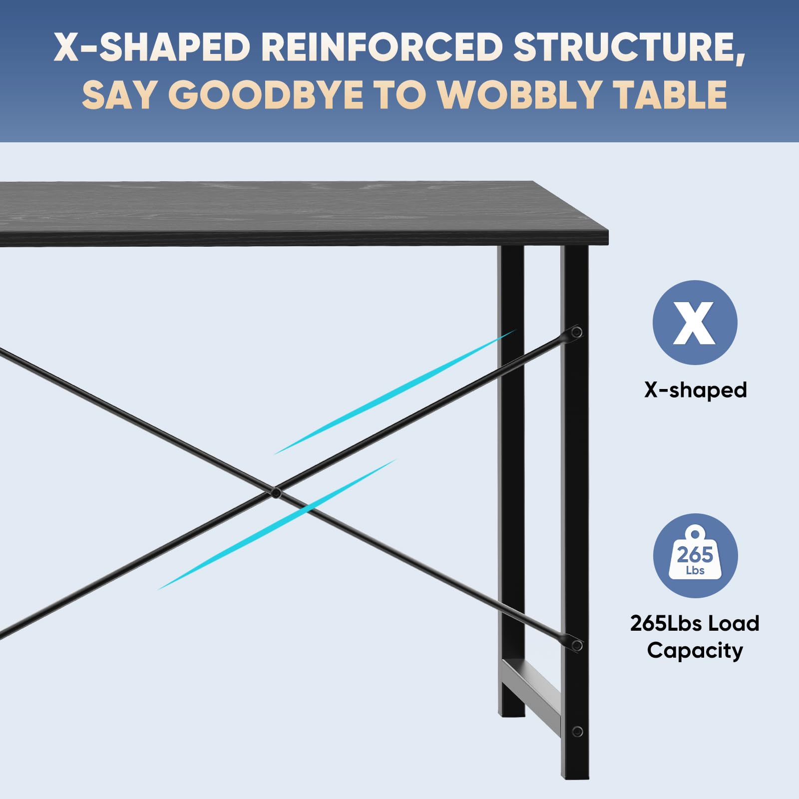 55 Inch Computer Desk for Home Office, Modern Study Work Table Simple Style for Bedroom Small Space, Large Writing Desks with X-Shaped Reinforcement, Black
