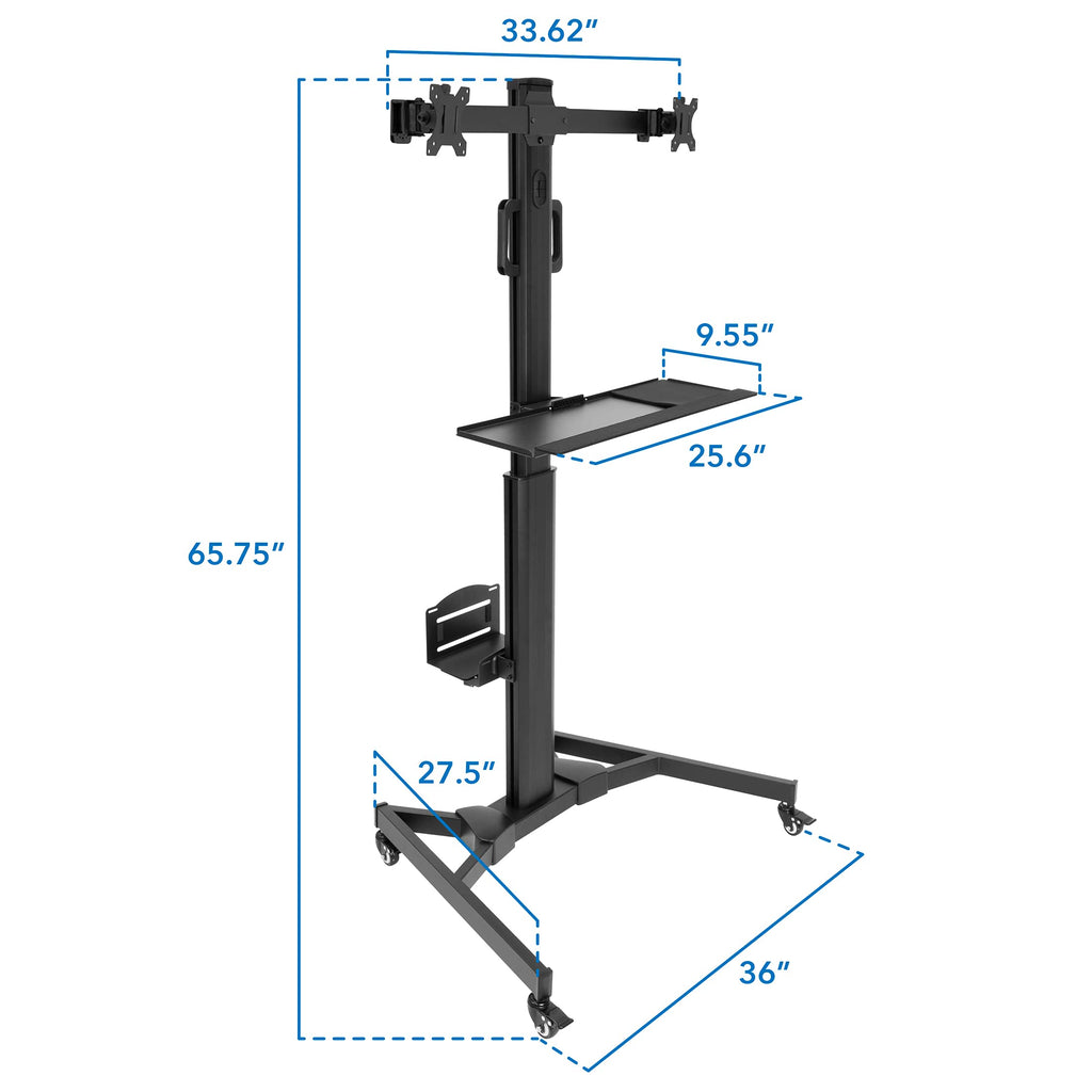 Dual Monitor Computer Cart – Mobile Standing Desk with Wheels, Rolling Workstation with Keyboard Tray, CPU Holder, and Adjustable Screen Mount for Office, Medical, or Warehouse