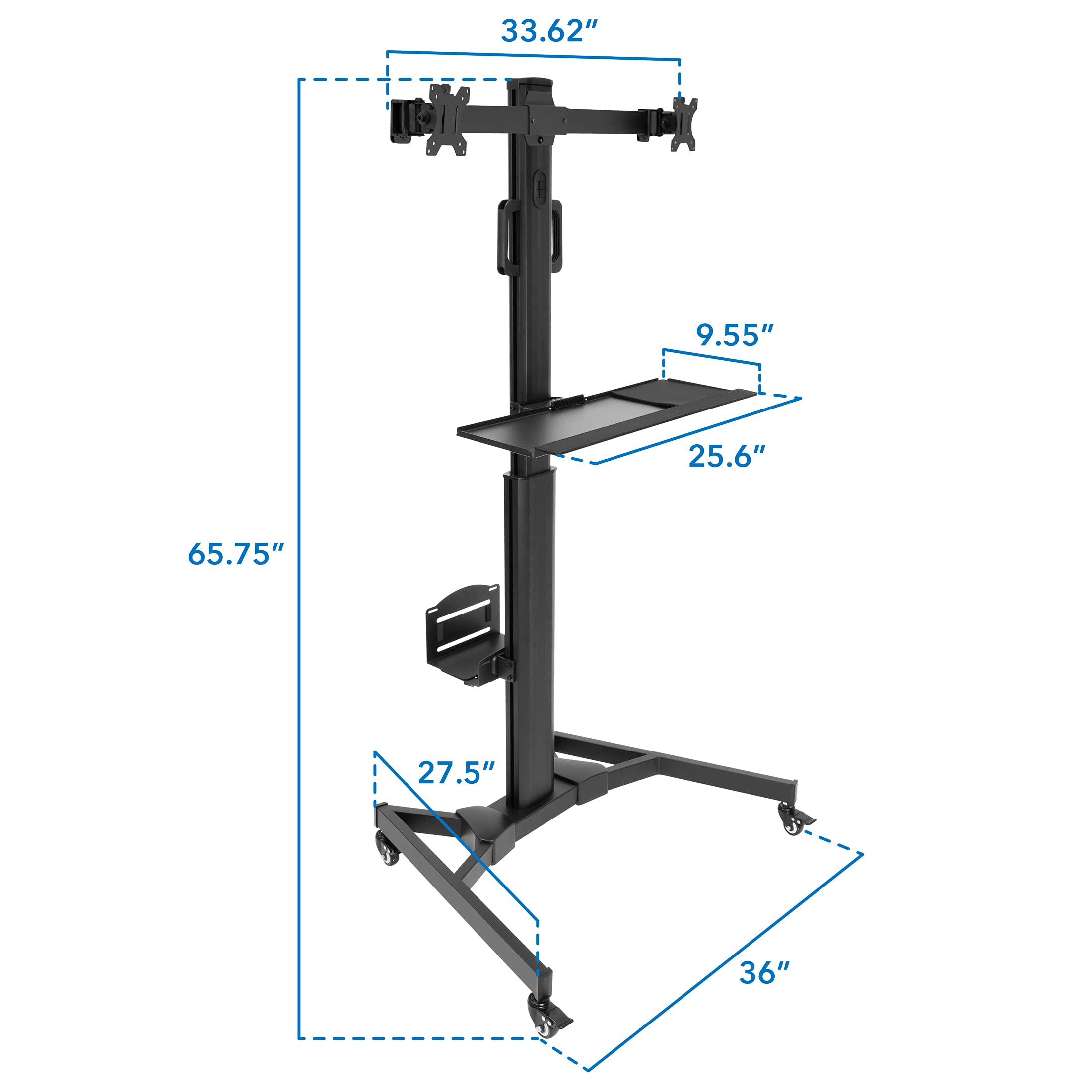 Dual Monitor Computer Cart – Mobile Standing Desk with Wheels, Rolling Workstation with Keyboard Tray, CPU Holder, and Adjustable Screen Mount for Office, Medical, or Warehouse