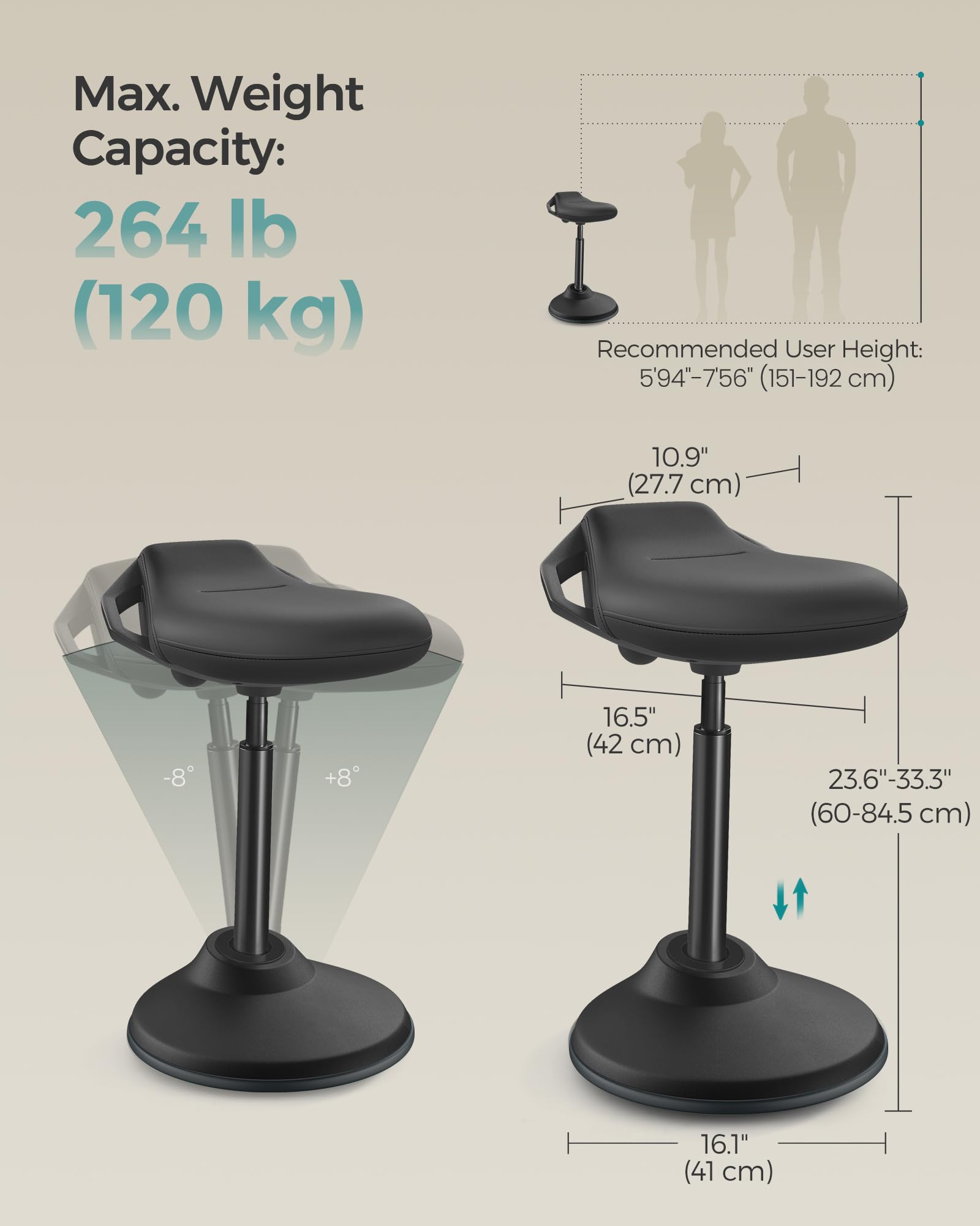 Ergonomic Sit Stand Stool, Height Adjustable Standing Desk Stool 23.6-33.3 Inches, Swivel Balance Chair with Non-Slip Base, Standing Chair, for Active Sitting, Office, Home, Ink Black