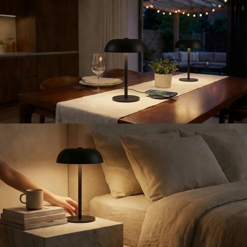2 Pack Portable LED Mushroom Table Lamp, Metal Cordless Desk Night Light, Stepless Dimming Touch Lamp with 3 Colors for Bedroom Bedside Restaurant Bar, Black