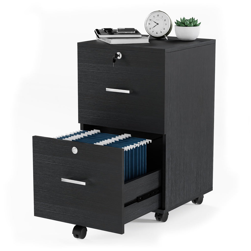 2-Drawer File Cabinet with Lock, Small Rolling Wood Filing Cabinet for Hanging Letter Size Filings with Tabs, Mobile Under Desk File Organizer for Home Office, Classic Black, 27.2" H