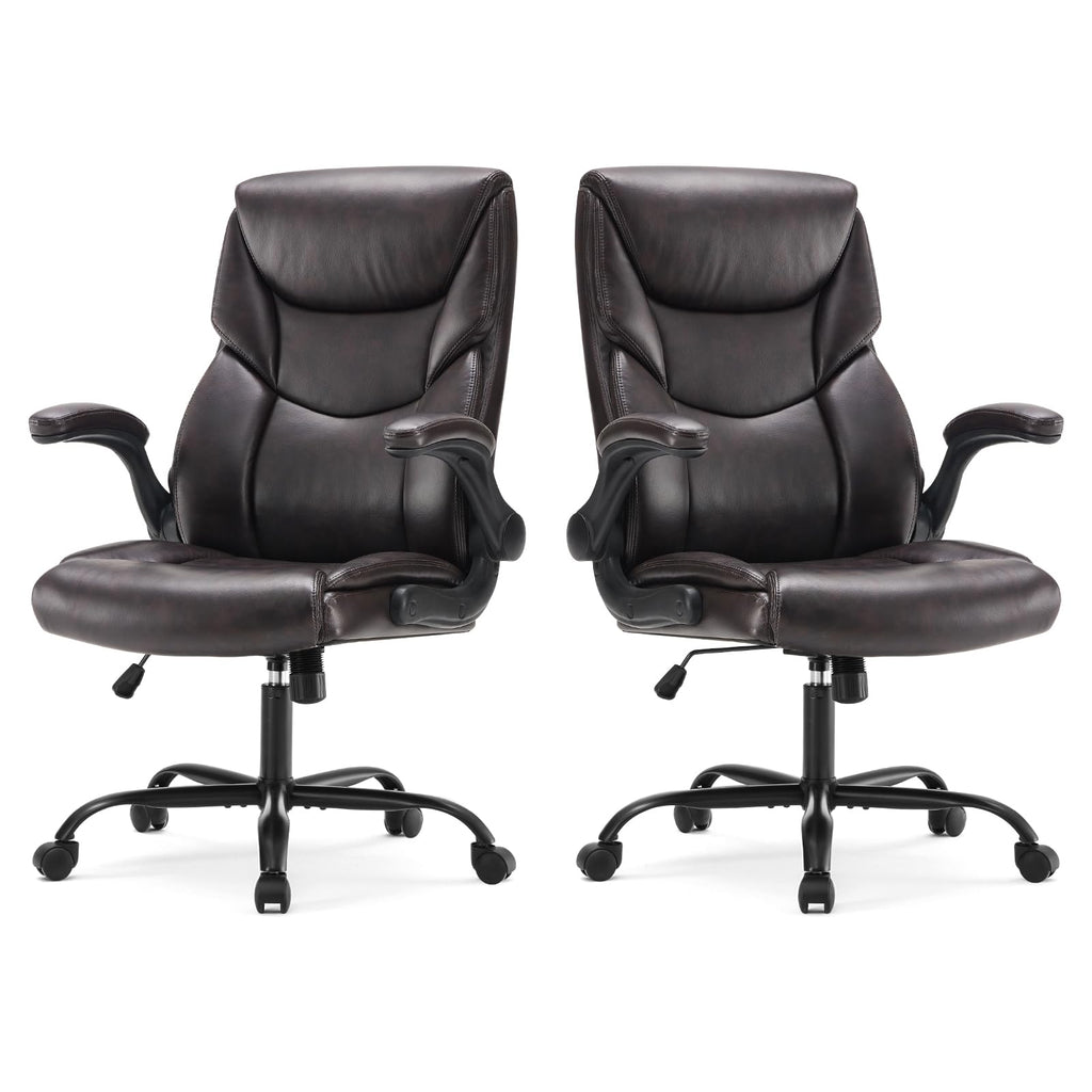 Set of 2, Ergonomic Computer Gaming Office Chair  Heavy Duty Task Desk Swivel Rolling Chairs with Wheels, Flip-up Arms, Adjustable Height, PU Leather,Dark Brown