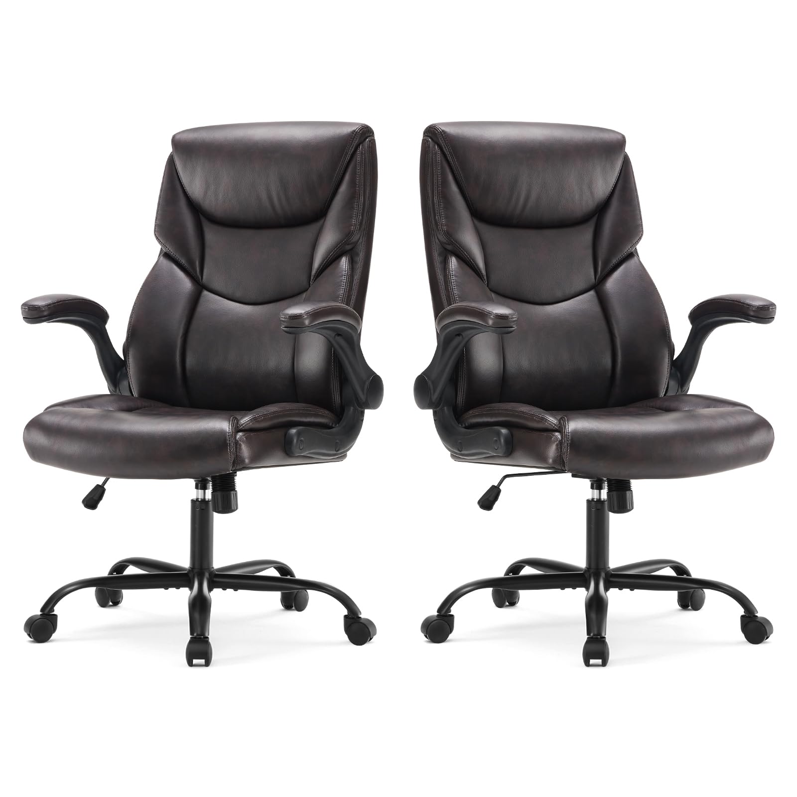 Set of 2, Ergonomic Computer Gaming Office Chair  Heavy Duty Task Desk Swivel Rolling Chairs with Wheels, Flip-up Arms, Adjustable Height, PU Leather,Dark Brown