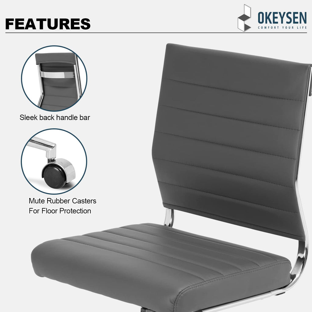 Armless Office Desk Chair, Mid Back Leather Conference Room Chairs Without Armrests, Modern Office Chair Ribbed.