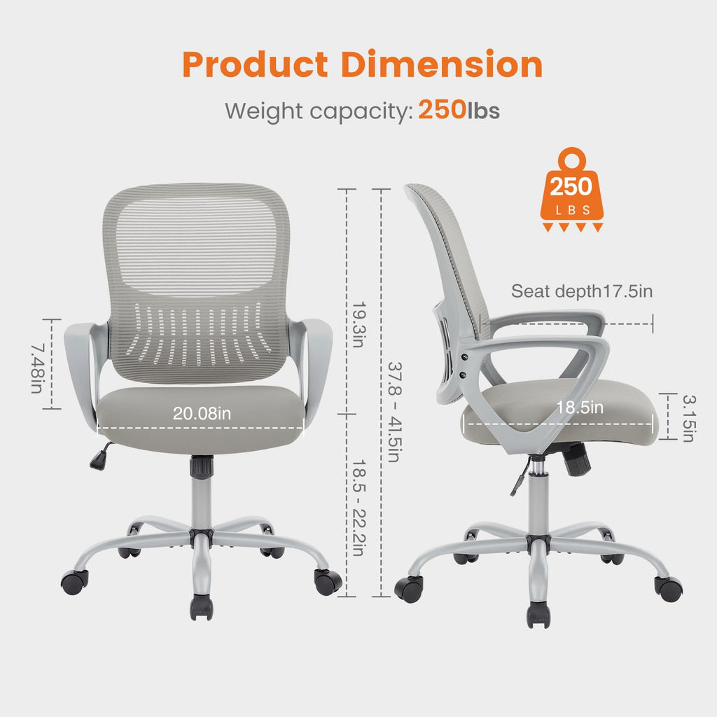 Home Office Managerial Executive Chair, Ergonomic Mesh Adjustable Swivel Mid-Back Chair with Comfortable Lumbar Support, Comfy Arms for Bedroom,Study,Student