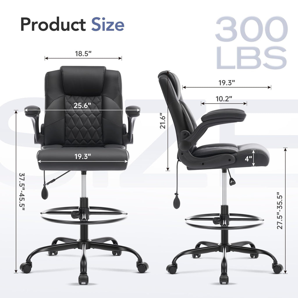 Leather Drafting Chair, Tall Office Chair for Standing Desk, High Executive Office Chair with Inflatable Lumbar Support,Adjustable Height,Flip-up Armres and Foot Ring Studio Chair Black