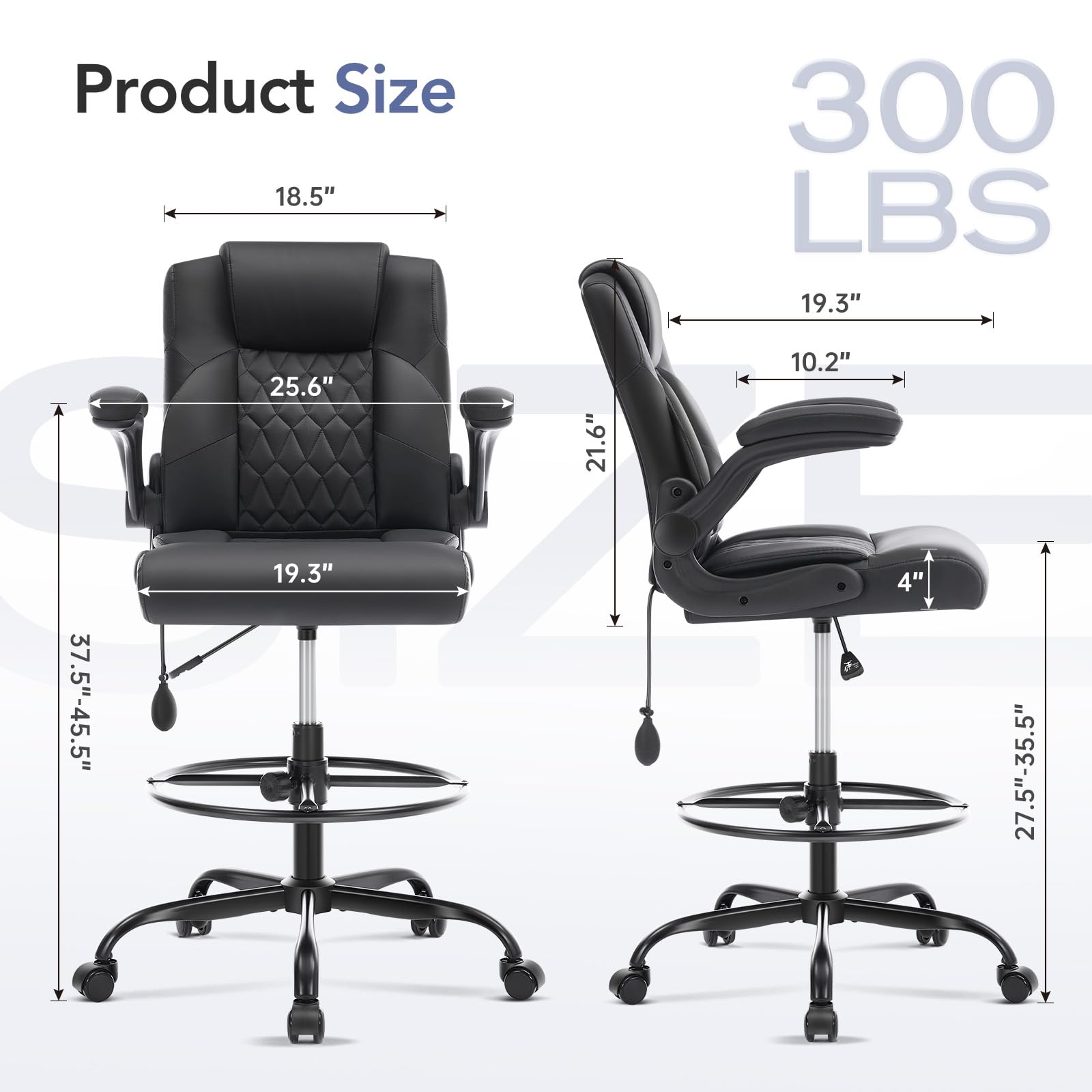 Leather Drafting Chair, Tall Office Chair for Standing Desk, High Executive Office Chair with Inflatable Lumbar Support,Adjustable Height,Flip-up Armres and Foot Ring Studio Chair Black
