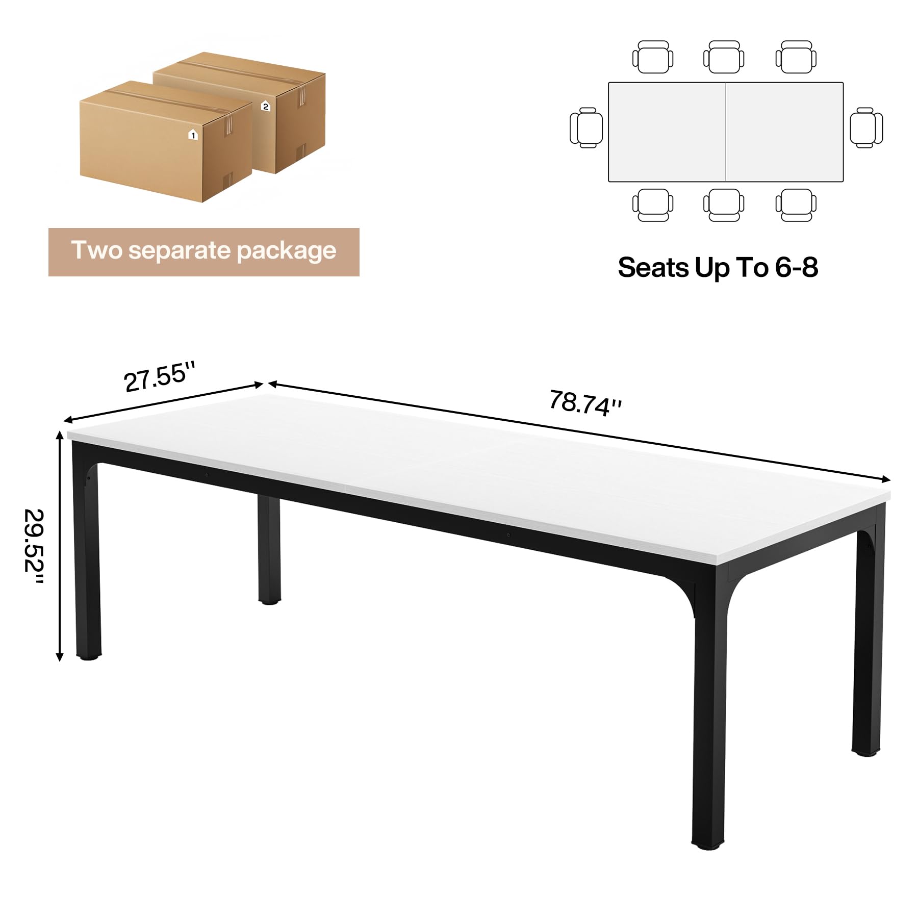 6.5 FT Conference Room Table, 78.74" W x 27.56" D Large Office Conference Table, Modern Seminar Meeting Table Desk for Boardroom, Meeting Room (2, White and Black)