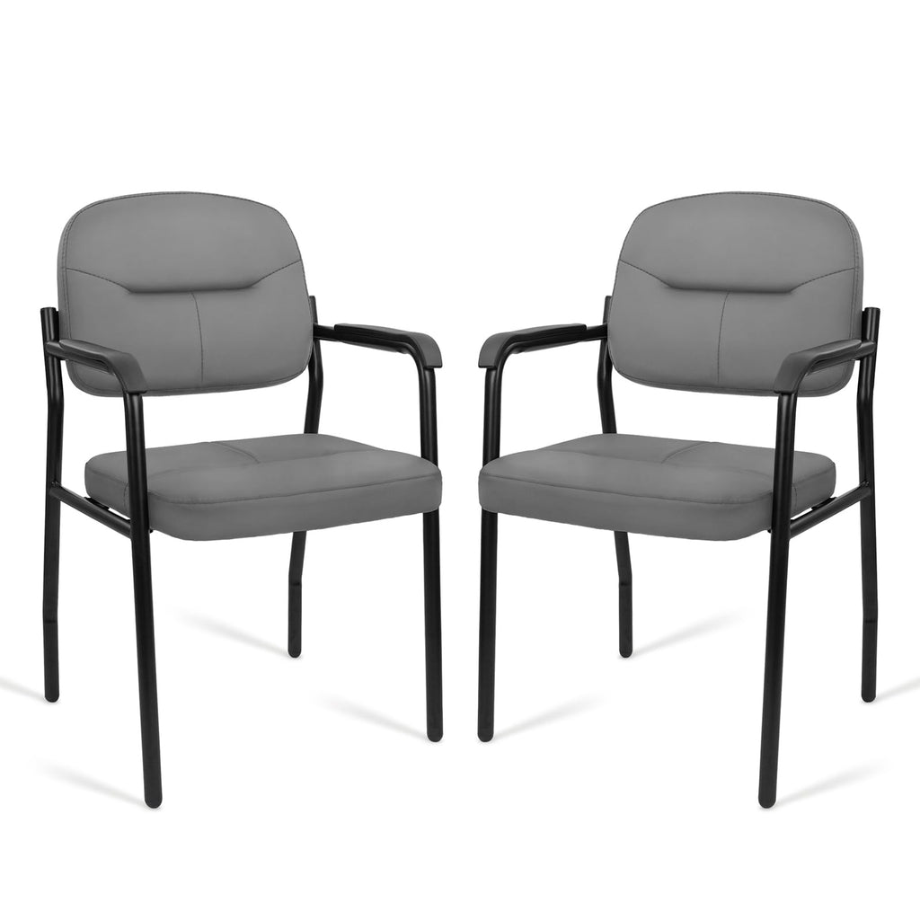 Leather Guest Chair Sets of 2, Office Reception Chair No Wheels with Armrests and Lumber Support, Ergonomic Desk Armchair for Meeting Waiting Conference Lobby Room, Grey