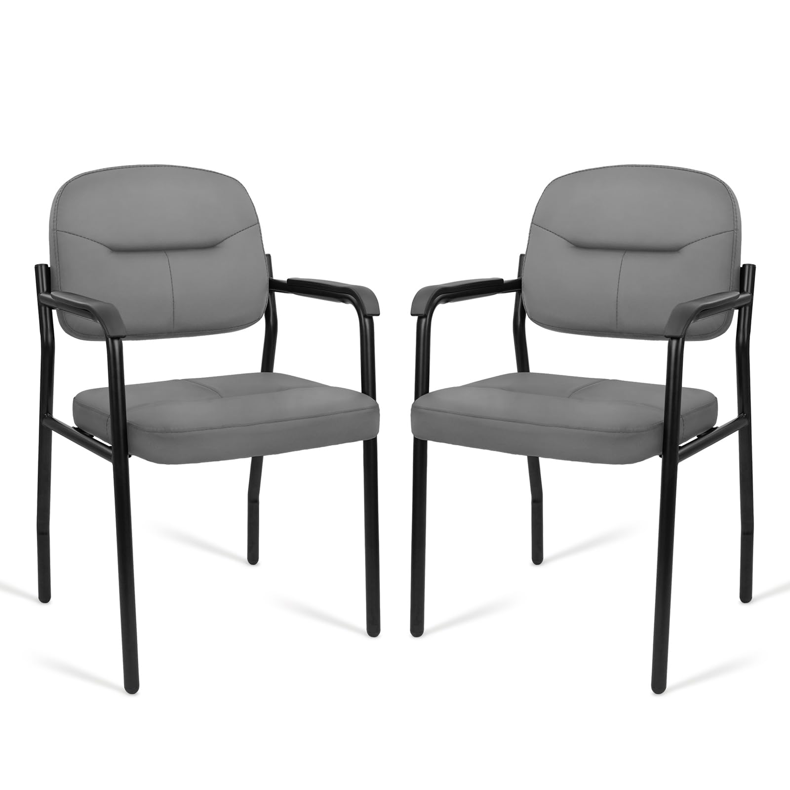 Leather Guest Chair Sets of 2, Office Reception Chair No Wheels with Armrests and Lumber Support, Ergonomic Desk Armchair for Meeting Waiting Conference Lobby Room, Grey