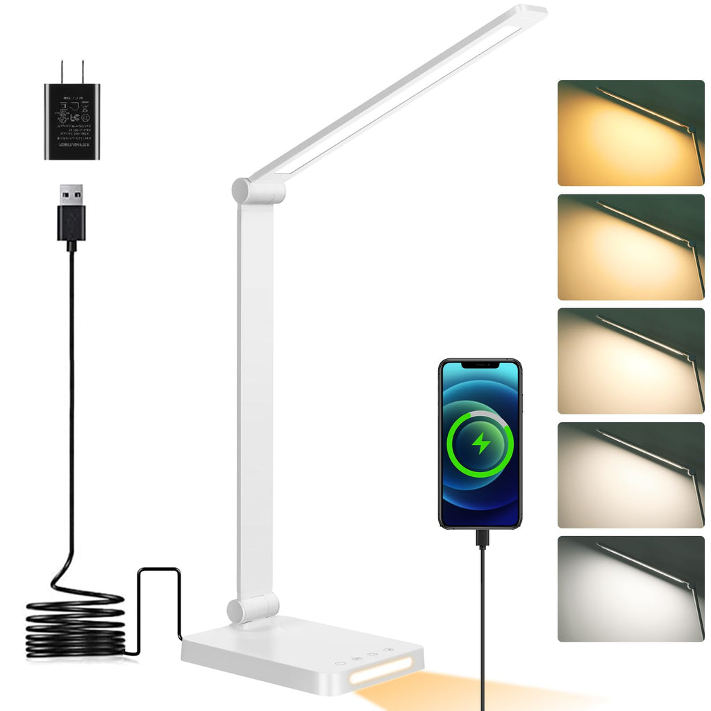 LED Desk Lamp with USB Ports, Touch Control, 5 Color Modes, 3 Brightness Levels, Foldable Design, White
