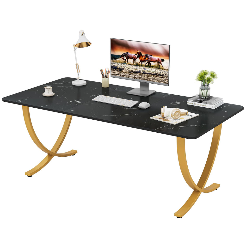 Executive Desk, 63” W x 31.5” D Large Office Desk, Modern Computer Desk Conference Table Meeting Room Table, Business Furniture for Home Office, Black and Gold