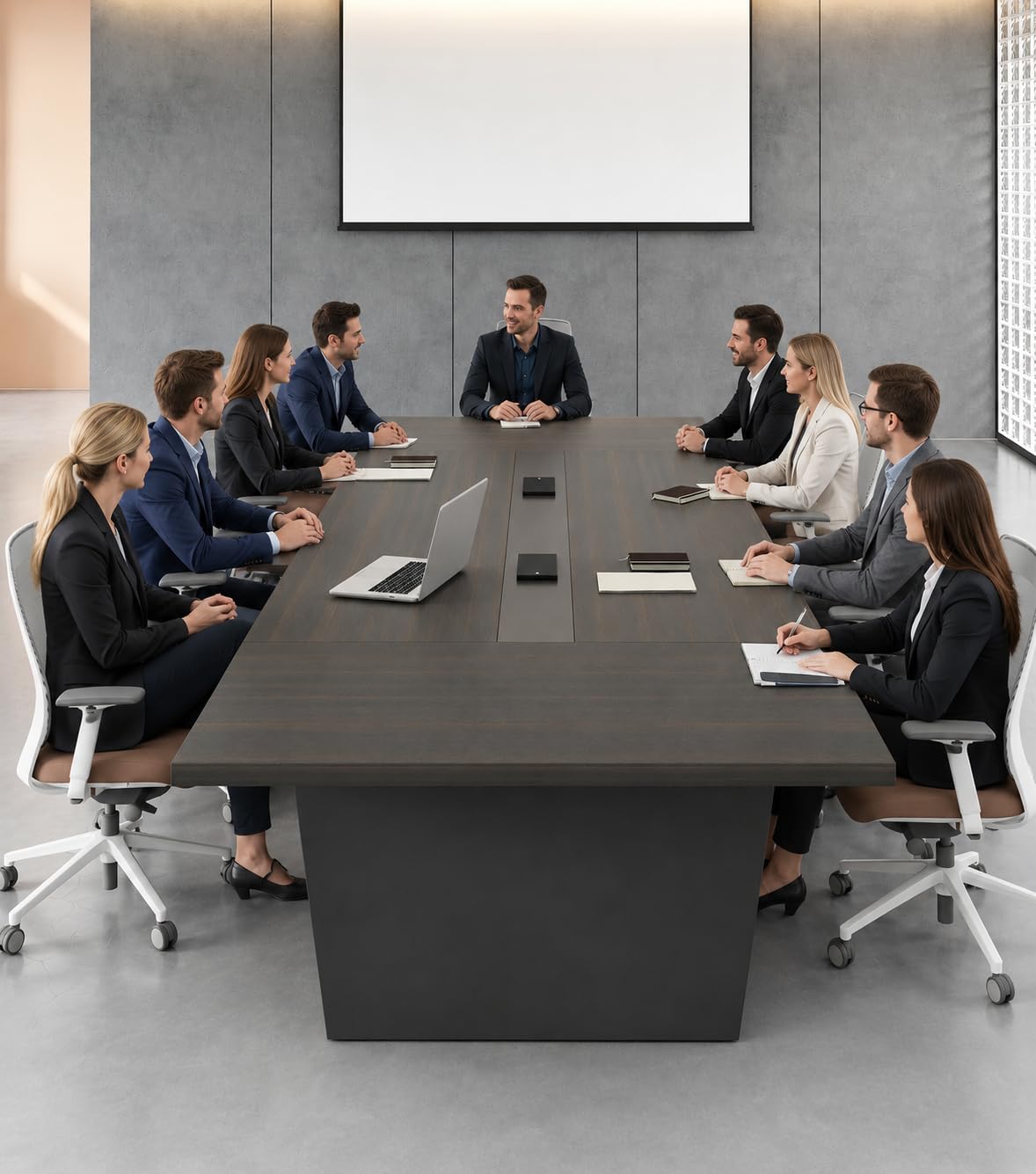 10FT Conference Table, Large Meeting Table for 10 People, Business Style Training Table with Charging Stations & 2" Thickened TableTop for Office Conference (Smoked Walnut & Gray, 118"L * 51"W * 30"H)