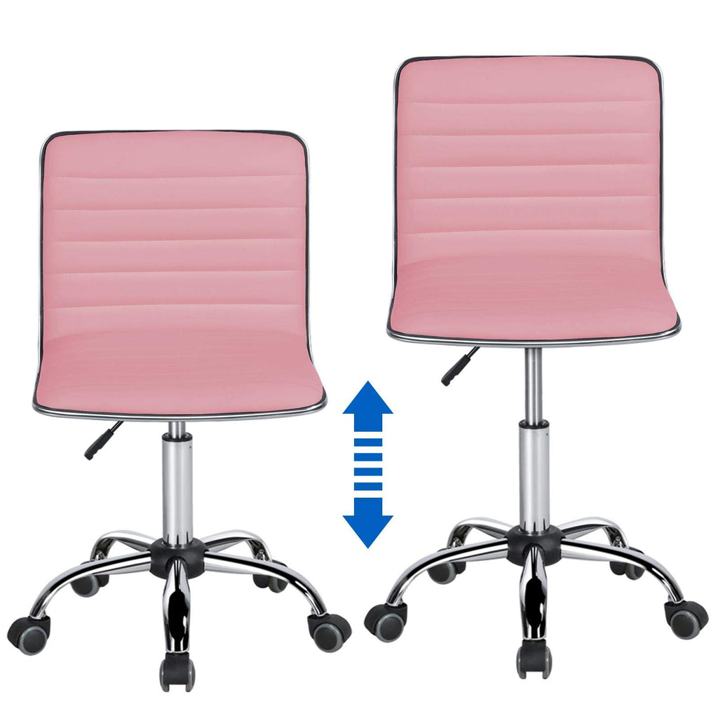 Pink Low Back PU Leather Ribbed Armless Office Chair, Ergonomic Swivel Task Chair with Wheels