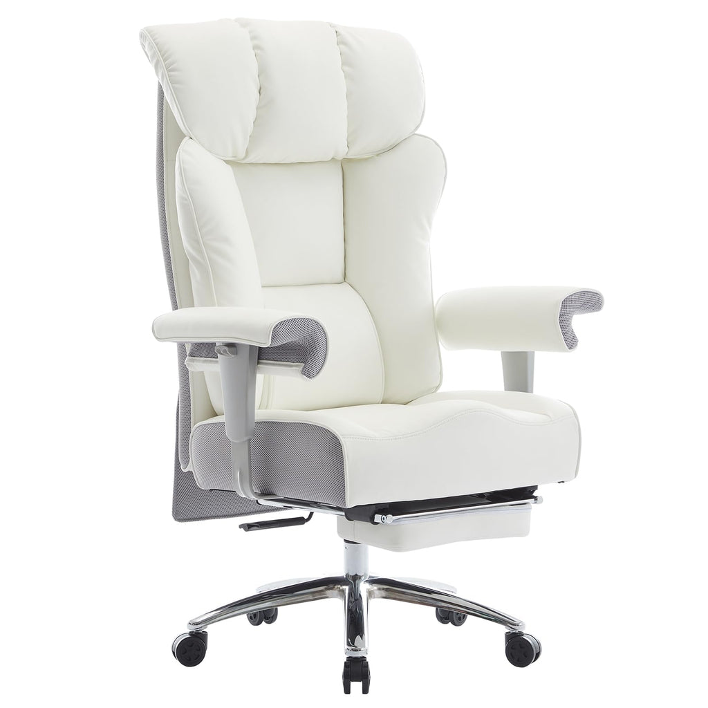 Big and Tall Executive Office Chair 400lbs - White Desk Chair for Women with Footrest, 24" Wide Ergonomic Pocket Spring Cushion Seat, Heavy Duty Computer Chair for Home Office, Gaming