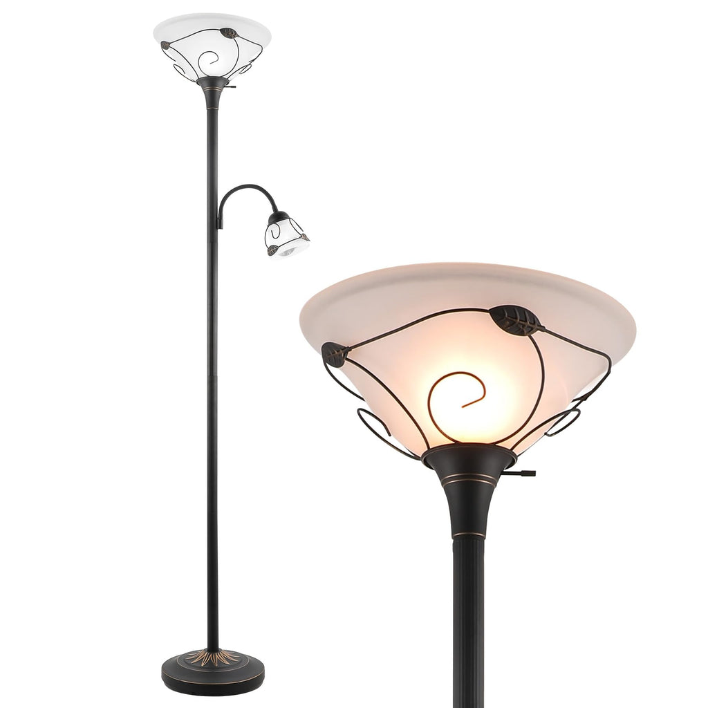 Torchiere Floor Lamp with Side Reading Light, 3-Way Switch Combo Antique Bronze Mother Daughter Floor Lamp with Glass Shade, 71" Desk Floor Lamp for Living Room Corner Bedroom Home Office