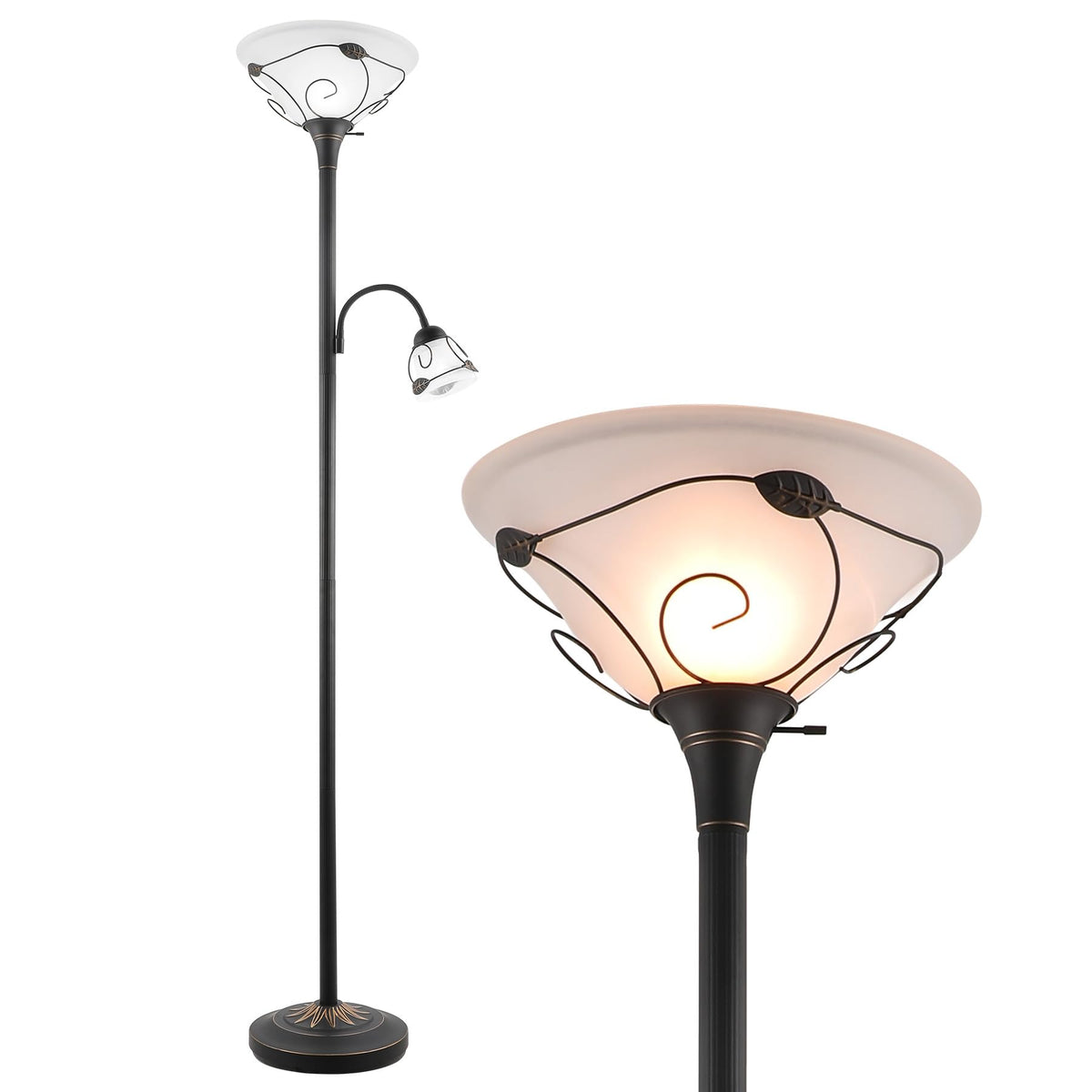 Torchiere Floor Lamp with Side Reading Light, 3-Way Switch Combo Antique Bronze Mother Daughter Floor Lamp with Glass Shade, 71" Desk Floor Lamp for Living Room Corner Bedroom Home Office