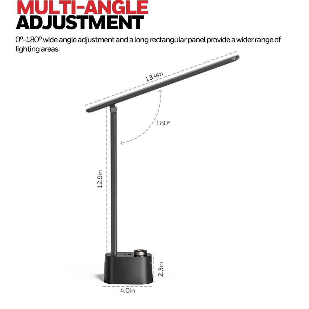 LED Desk Lamp with USB Charging Ports HWT-H01 - Stepless Dimmable Eye Caring Desk Light for Home Office Bedroom Bedside College Dorm, Foldable Table Lamp Reading Lamp Black
