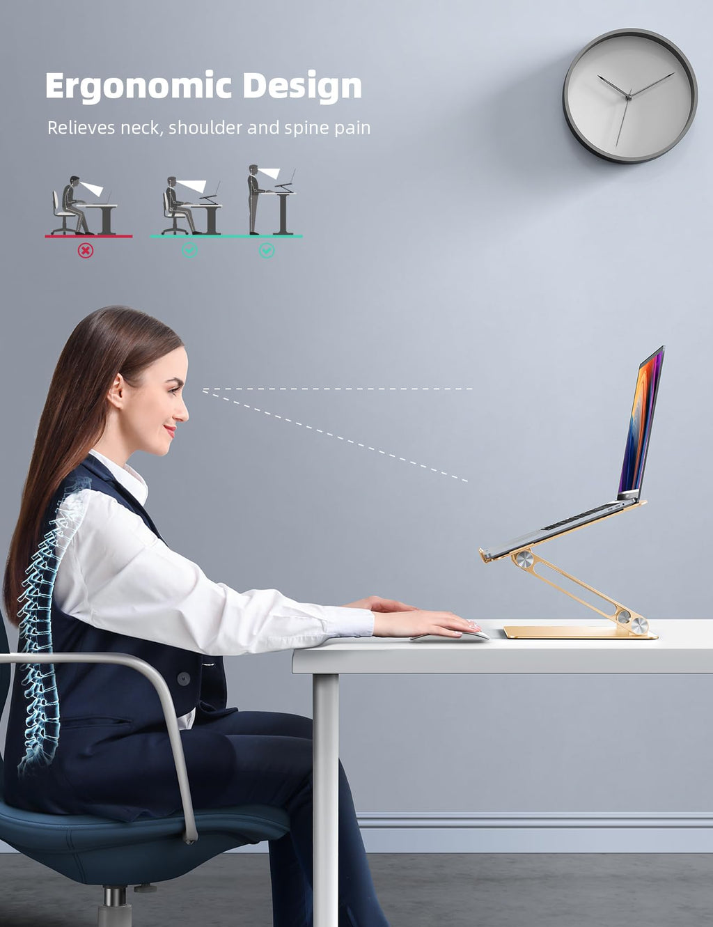 Adjustable Laptop Stand, Portable Laptop Riser, Aluminum Laptop Stand for Desk Foldable, Ergonomic Computer Notebook Stand Holder for MacBook Air Pro, Dell XPS, HP (10-17.3'') -Gold