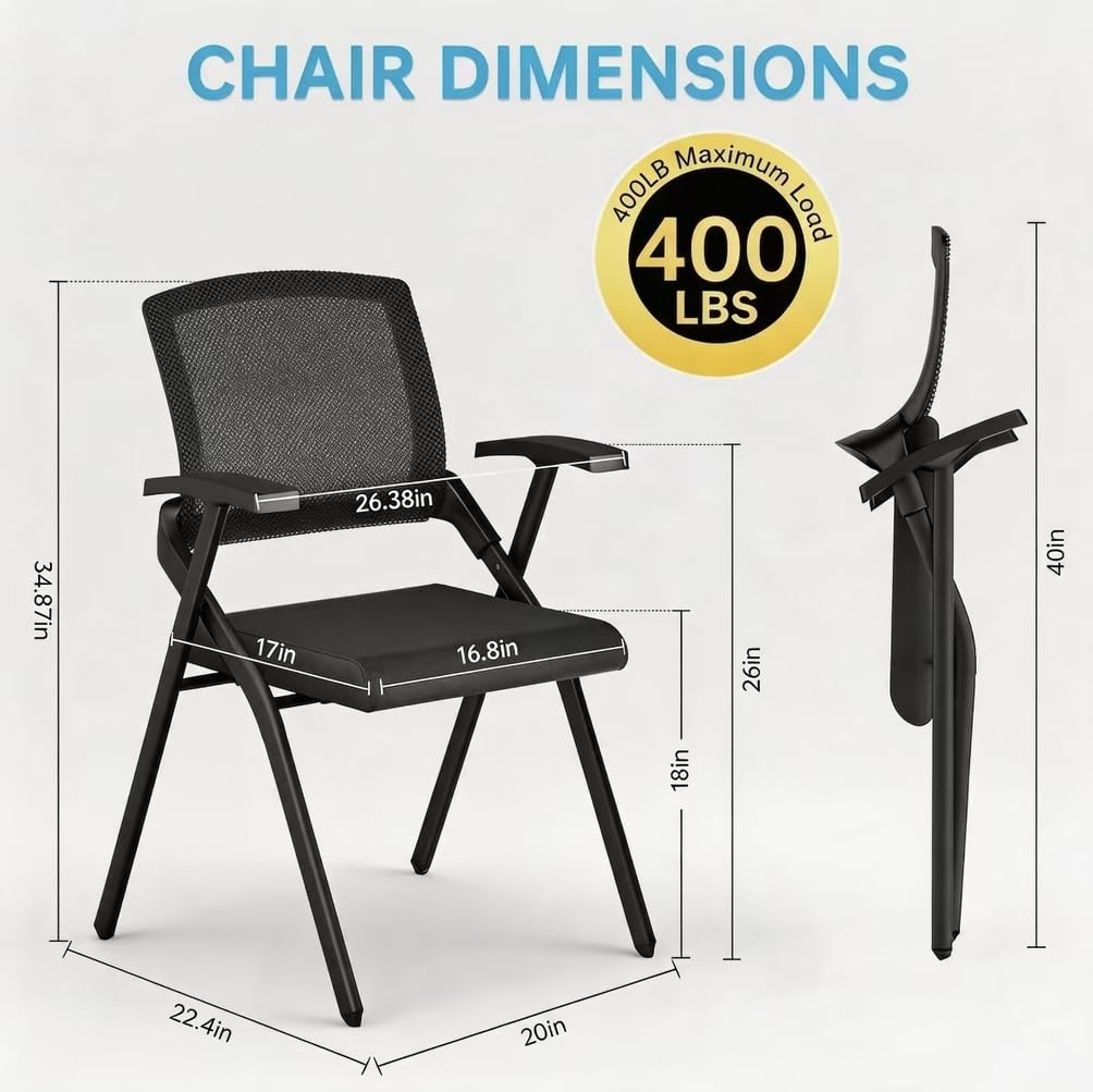 12 Pk, Heavy Duty Folding Conference Chair with Arms - Breathable Mesh Back, Comfortable Padded Seat, Sturdy Steel Frame for Office, Meeting Room & Training Seminar,Classroom,Basic