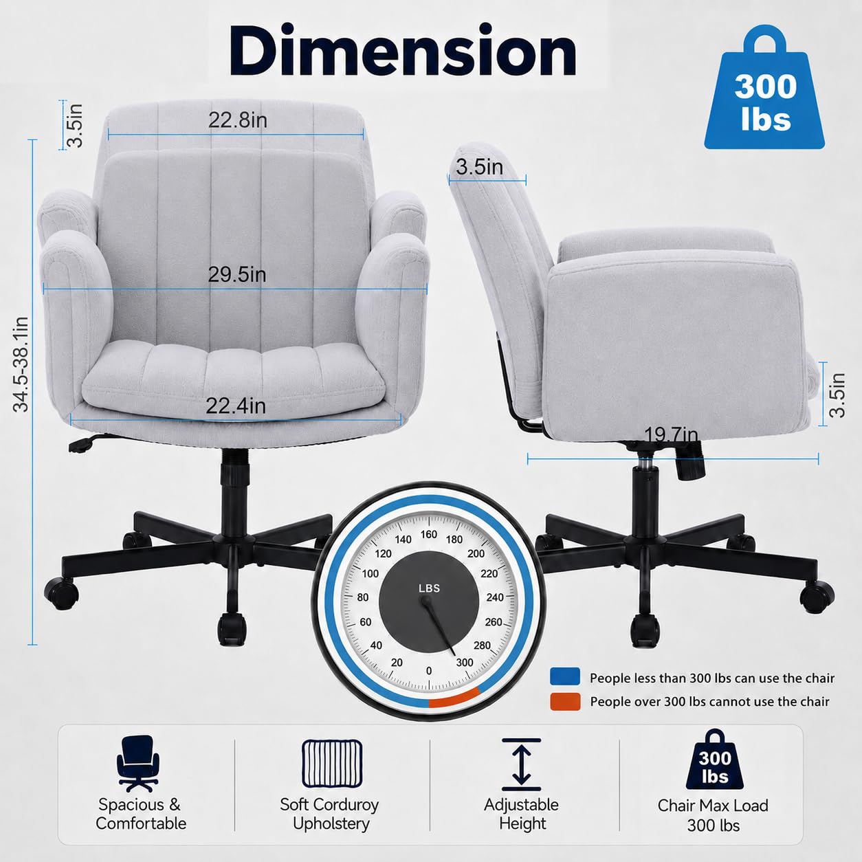 Criss Cross Office Chair with Wheels and Arms, Vanity Chair with Back, Comfy Swivel Cross Legged Office Chairs for Ultimate Comfort and Support, Unique Multifunctional Stylish Arms (Fabric Gray)