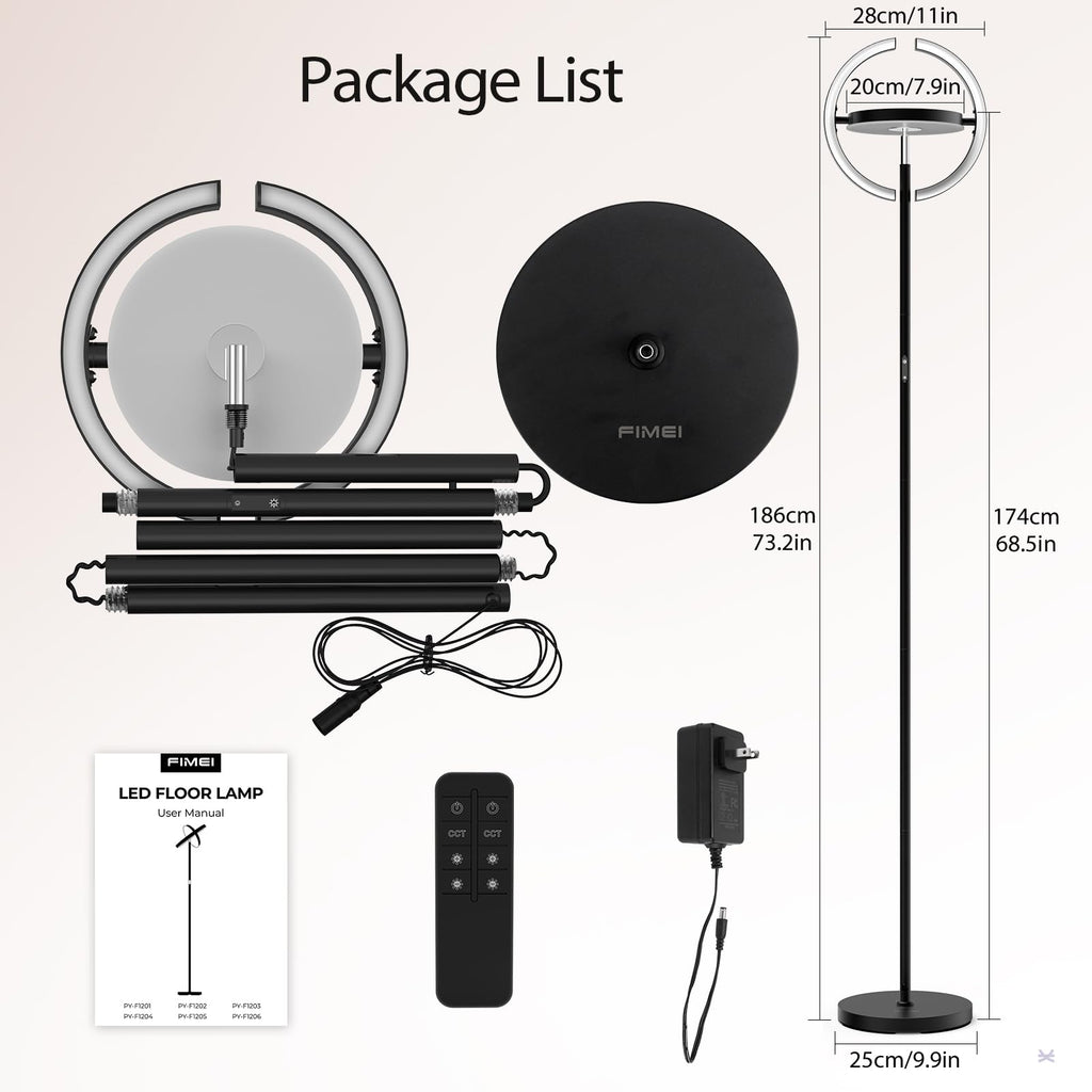 LED Floor Lamp, Dimmable 3000-6000K, Remote & Touch Controls Black