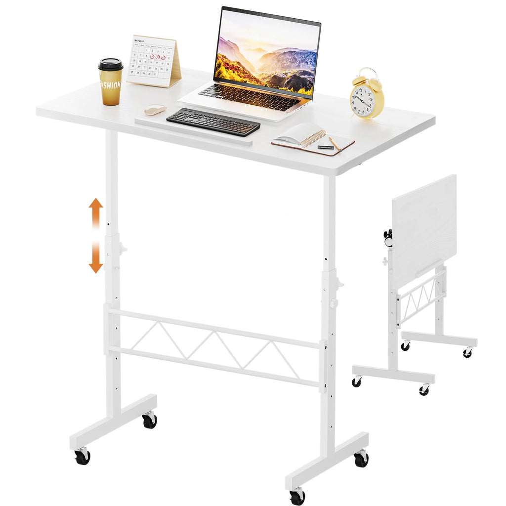 Standing Desk Adjustable Height & Tiltable Tabletop, Portable Stand Up Desk for Laptop, Mobile Folding Desk for Home Office Work and Walking Pad Treadmill, Height 30.7"-46.4", White