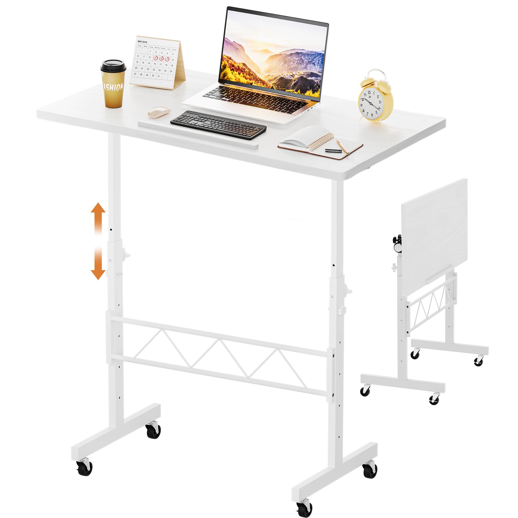 Standing Desk Adjustable Height & Tiltable Tabletop, Portable Stand Up Desk for Laptop, Mobile Folding Desk for Home Office Work and Walking Pad Treadmill, Height 30.7"-46.4", White