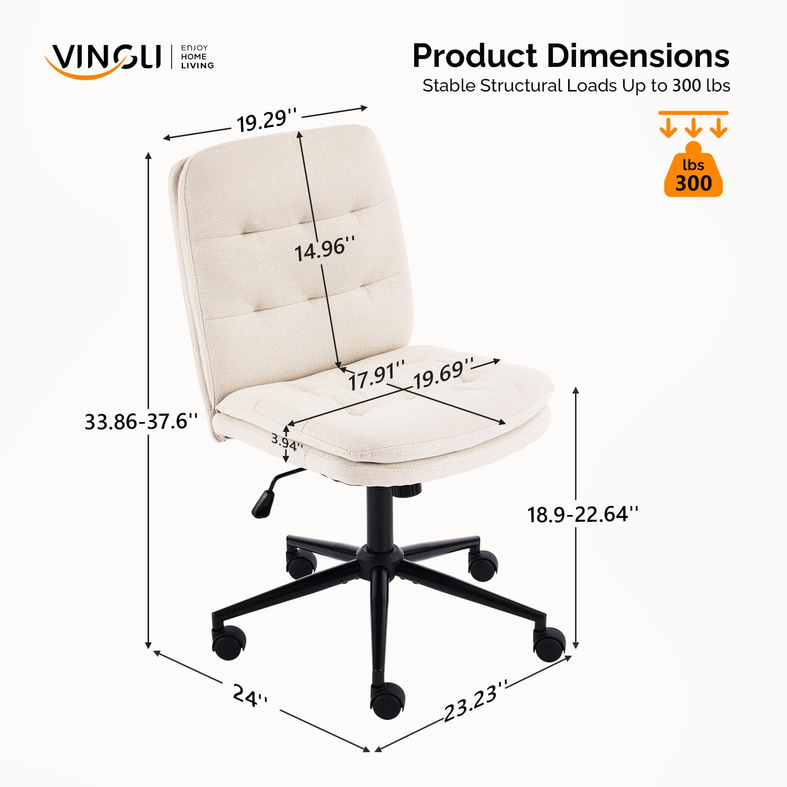 Mid Back Armless Office Desk Chair with Wheels/no Wheels,360°Rocking Swivel Vanity Chair with Thickened Cushion,Adjustable Height Rolling for Reading Room, Make up,Linen Beige