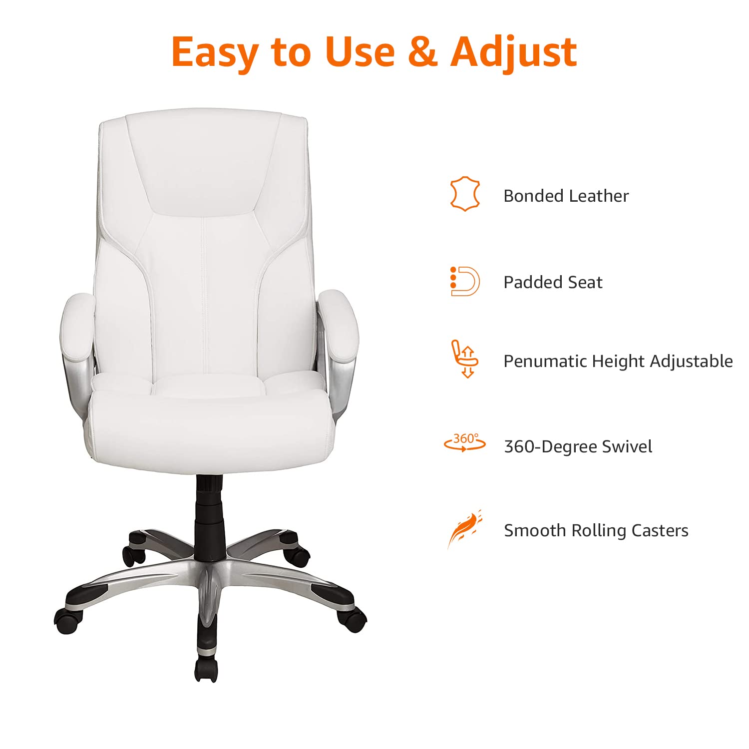 Executive High Back Office Desk Chair, Adjustable Height, Tilt, Swivel, 275lb Capacity, Bonded Leather, White/Pewter