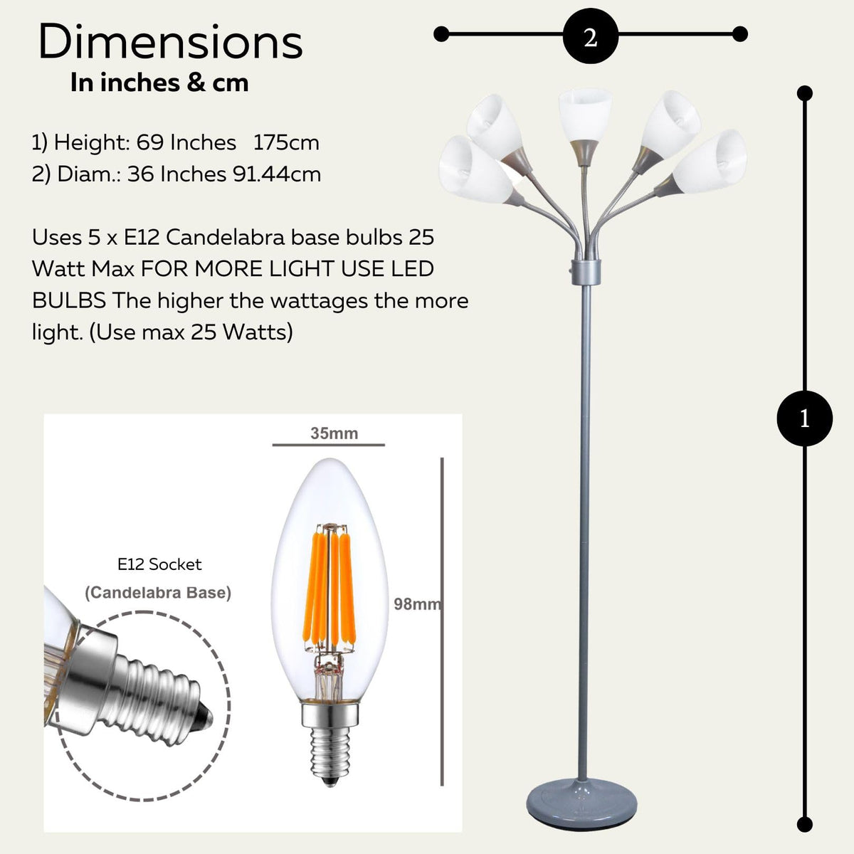Medusa 5-Light Floor Lamp – Silver Multi-Head Standing Lamp w/ 5 Adjustable White Acrylic Shades for Bedroom, Living Room, Office, Requires E12 Candelabra-Base LED Bulbs