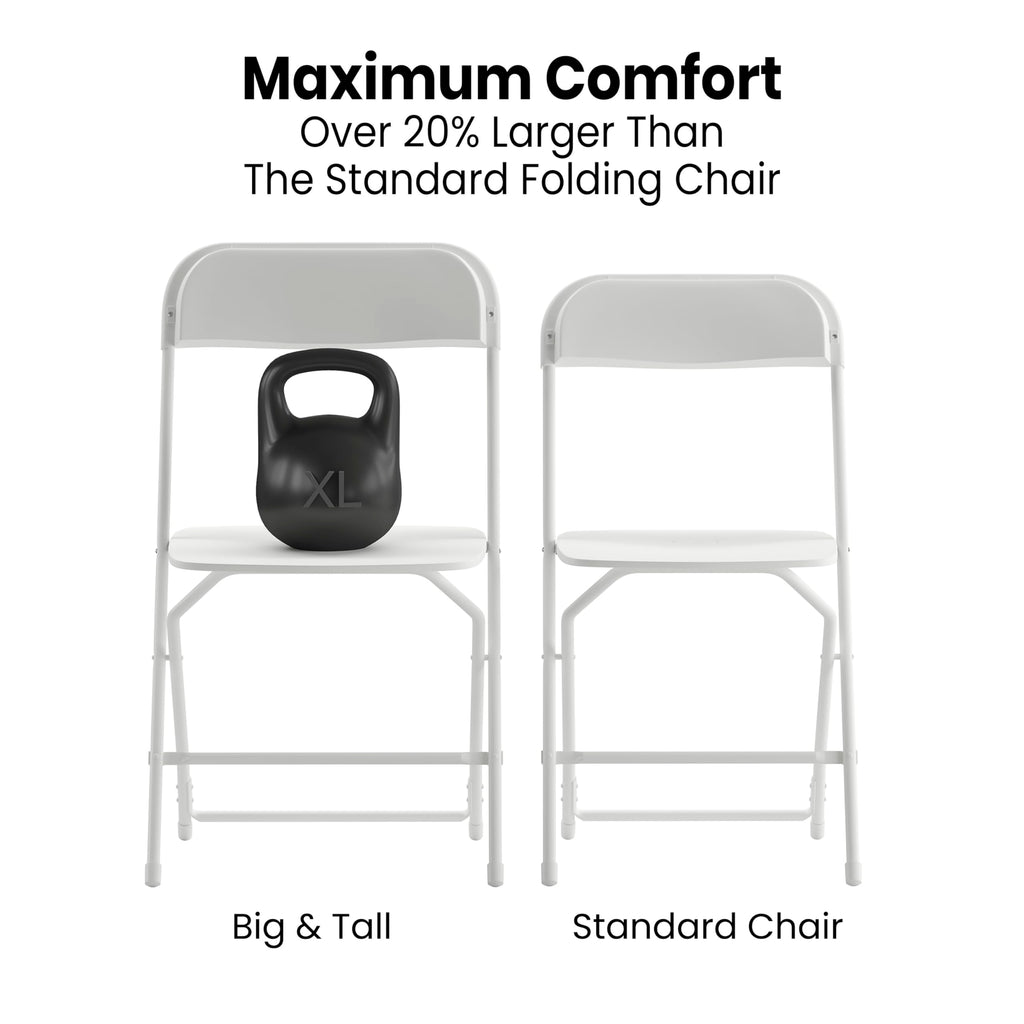 Set of 4, Hercules Series Big & Tall Stackable Plastic Folding Chairs, Extra Wide Commercial Event Seats,  White