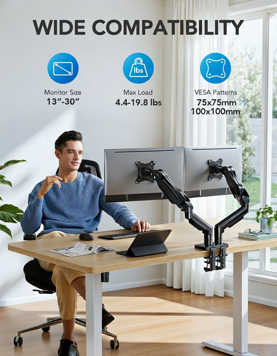 FlowLift™ Dual Monitor Stand, Fully Adjustable Gaming Monitor Desk Mount for 13–30″ Computer Screens, Full Motion VESA 75x75/100x100 with C-Clamp & Grommet Base, Each Arm Holds 4.4 to 19.8 lbs