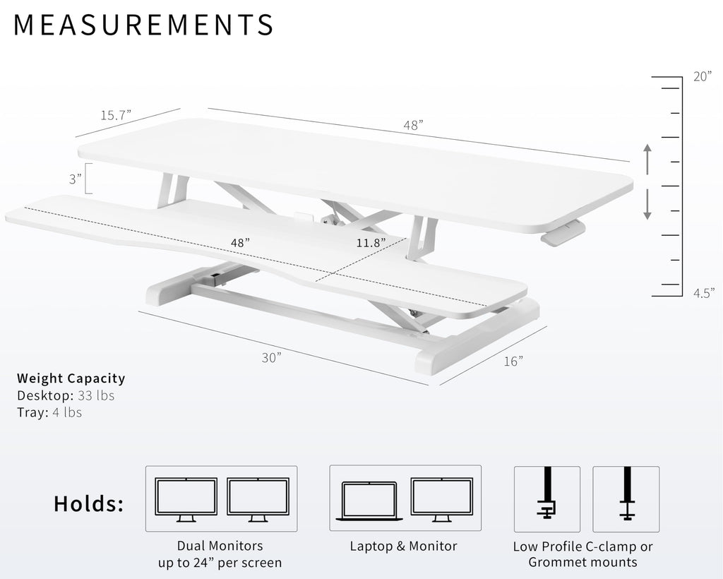 48 inch Desk Converter, K Series, Height Adjustable Sit to Stand Riser, Dual Monitor and Laptop Workstation with Wide Keyboard Tray, White, DESK-V048KW