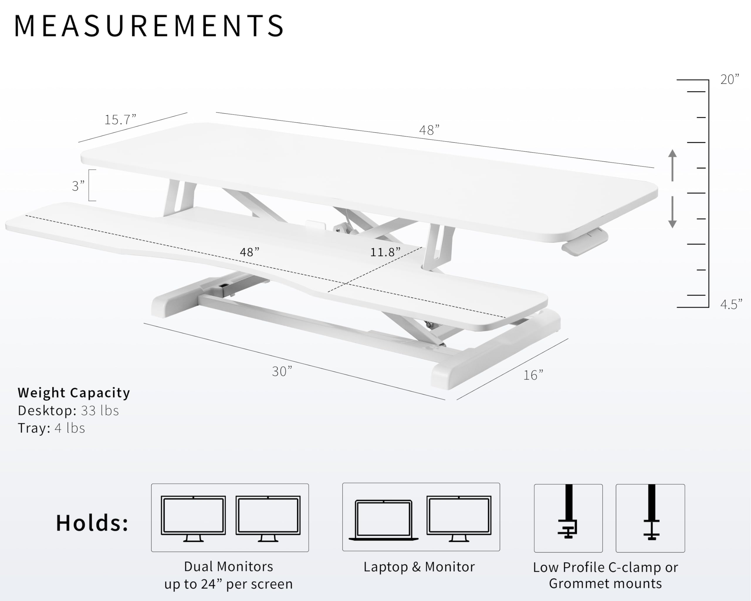 48 inch Desk Converter, K Series, Height Adjustable Sit to Stand Riser, Dual Monitor and Laptop Workstation with Wide Keyboard Tray, White, DESK-V048KW