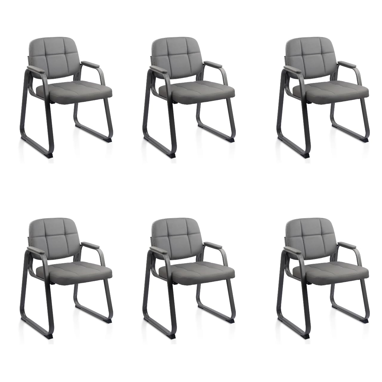 6 Pack, Waiting Room Guest Chair with Bonded Leather Padded Arm Rest for Office Reception and Conference Desk Black with Sled Base Grey