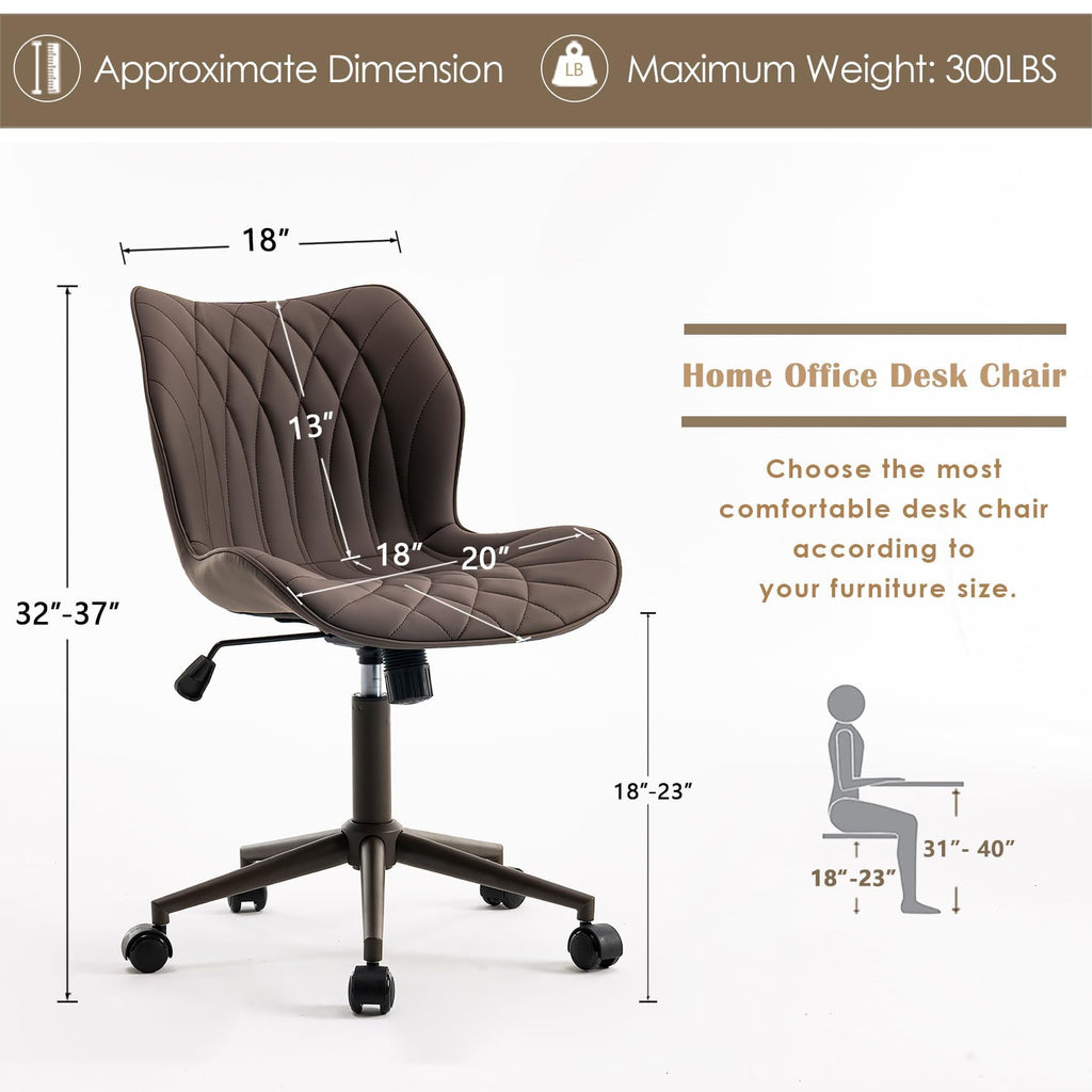 Armless Desk Chair Comfy Office Chair with Wheels Home Ergonomic Task Chair Adjustable Computer Chairs Modern Faux Leather Swivel Chair Upholstered Makeup Vanity Chair with Back(Brown)