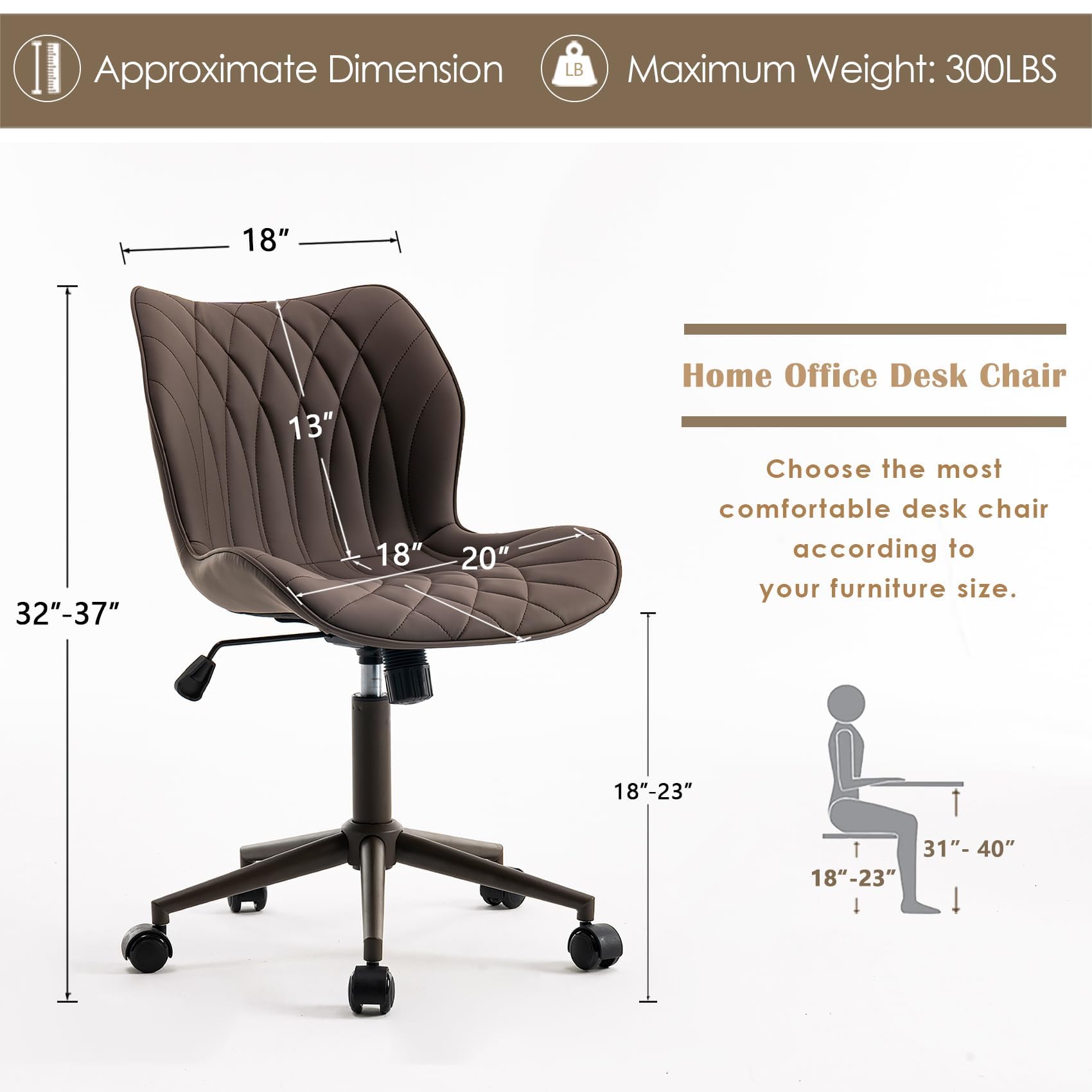 Armless Desk Chair Comfy Office Chair with Wheels Home Ergonomic Task Chair Adjustable Computer Chairs Modern Faux Leather Swivel Chair Upholstered Makeup Vanity Chair with Back(Brown)