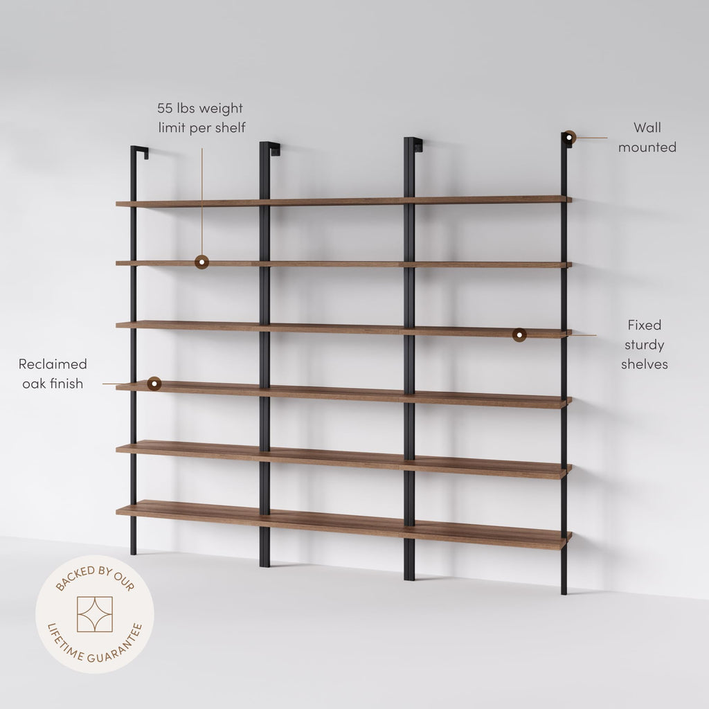 Set of 3, 6-Shelf Tall Bookcase, Wall Mount Bookshelf with Reclaimed Oak Wood and Industrial Metal Frame, Reclaimed Oak/Matte Black