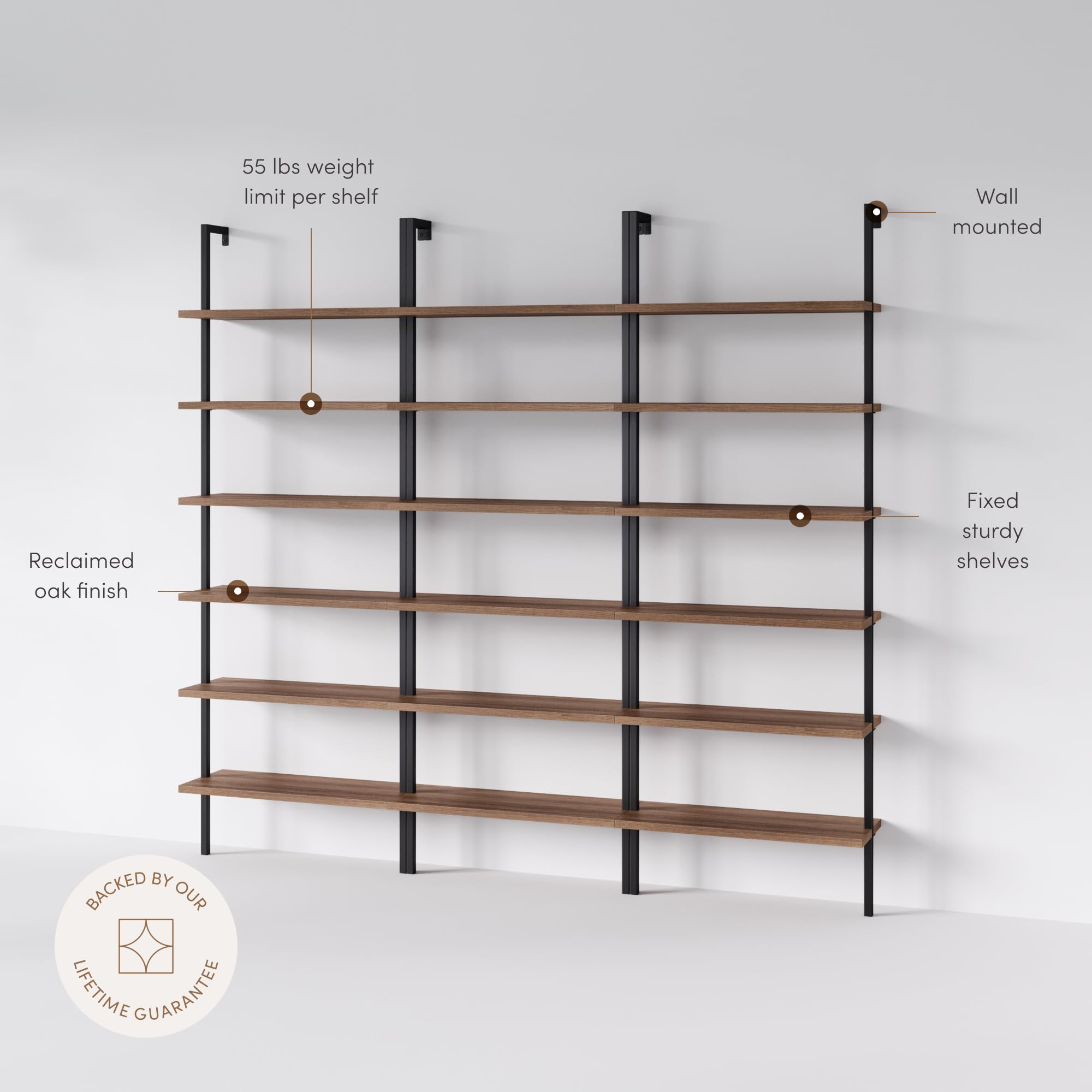 Set of 3, 6-Shelf Tall Bookcase, Wall Mount Bookshelf with Reclaimed Oak Wood and Industrial Metal Frame, Reclaimed Oak/Matte Black